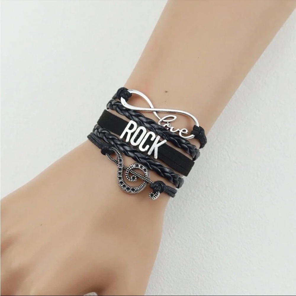 Black Multi-Strand 'Rock' Leather Bracelet with Silver Accents